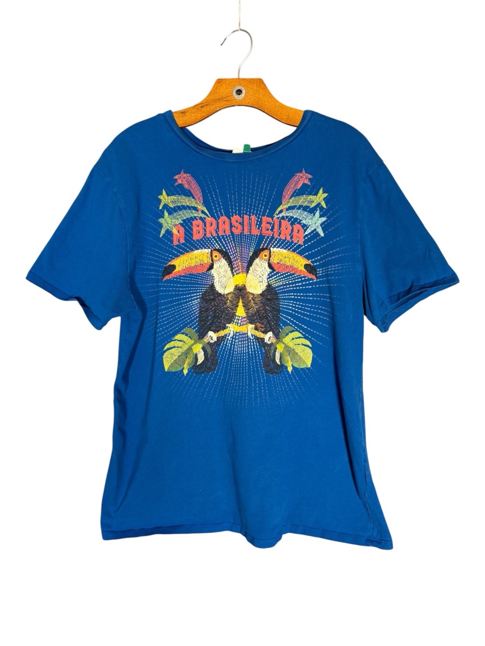 Farm Rio Brasileira Graphic Tee 100% Cotton Tropical Toucan Blue Bright M